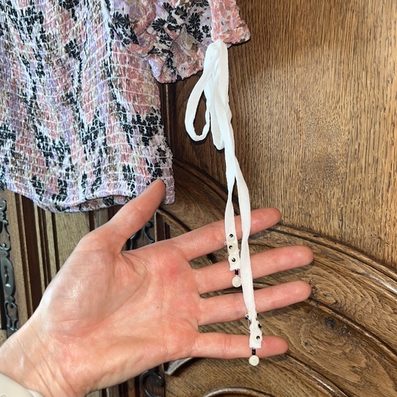 Free People Back On Top Crop Smocked Shirt Blouse Soft Combo Puff Sleeve - Picture 7 of 15